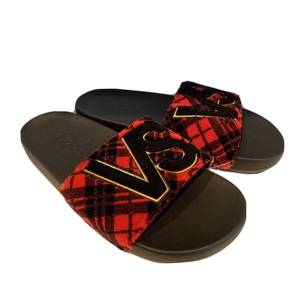 Victoria's Secret Medium (7/8) Single Strap Slides Velour Red Plaid VS Logo